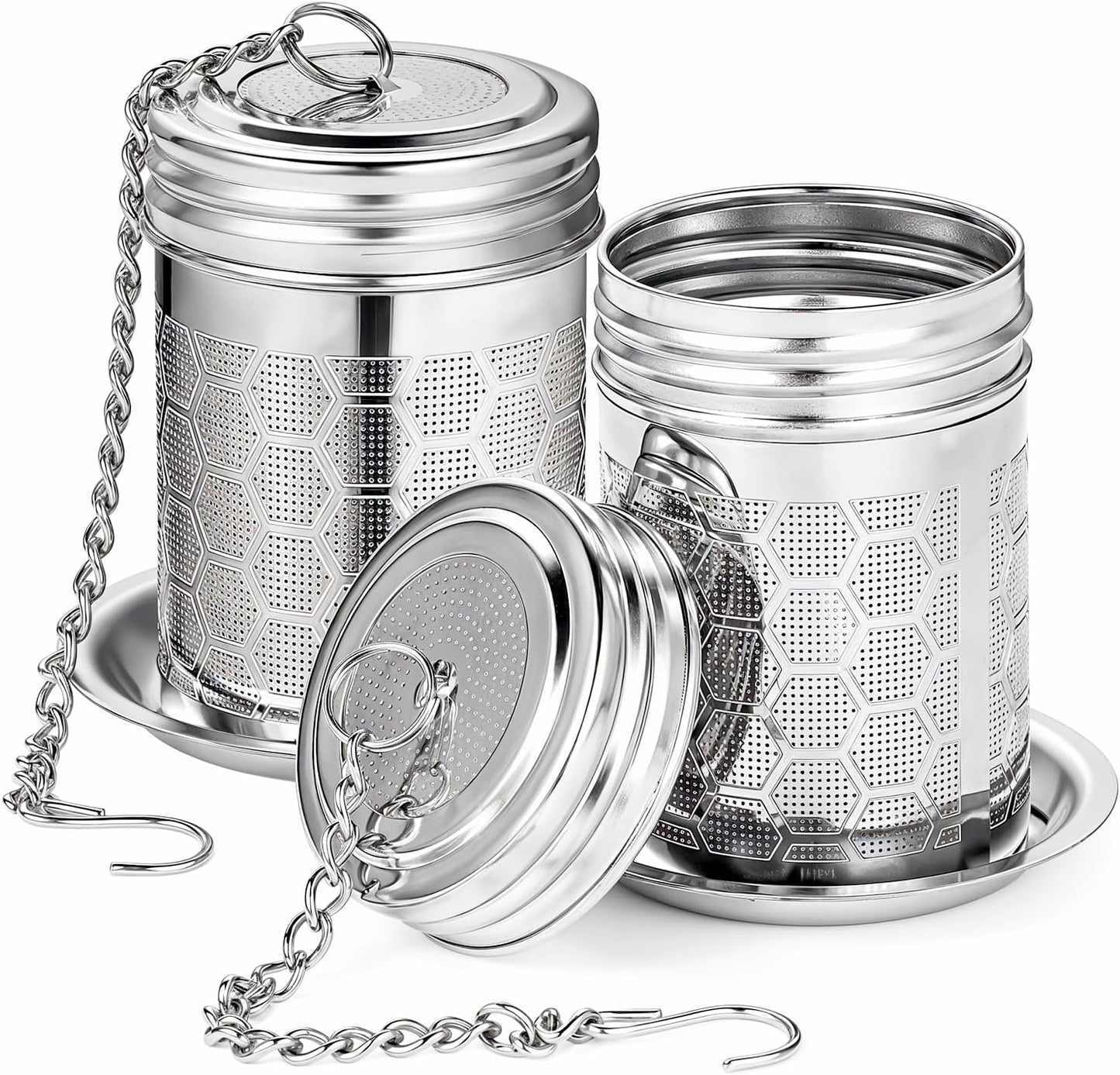 2 Pack Tea Infusers For Loose Tea, 304 Stainless Steel, 2 Inch | Fine Mesh Filter, Threaded Lid, Chain Hook, Drip Trays, Fits Most Mugs And Teapots, Dishwasher Safe