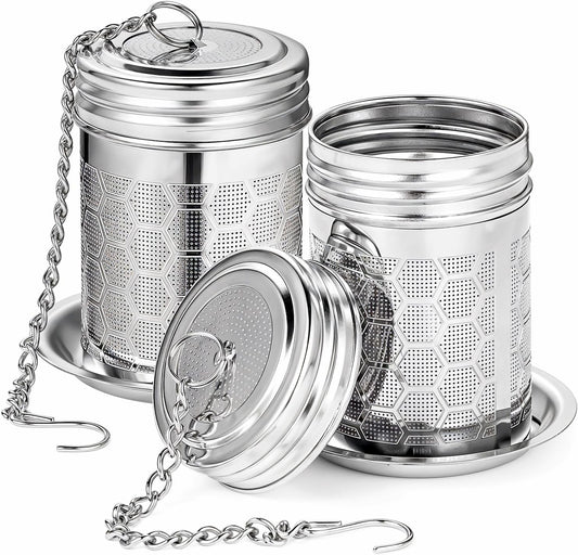 2 Pack Tea Infusers For Loose Tea, 304 Stainless Steel, 2 Inch | Fine Mesh Filter, Threaded Lid, Chain Hook, Drip Trays, Fits Most Mugs And Teapots, Dishwasher Safe