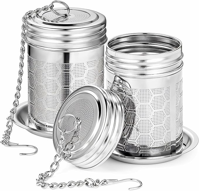 2 Pack Tea Strainers Infuser for Loose Tea 304 Stainless Steel Mesh Loose Leaf Steeper Diffuser with Chain Hook and Threaded Lid for Black Tea