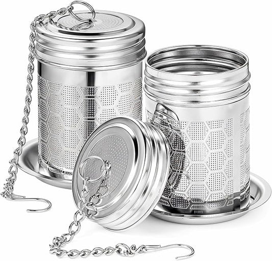 2 Pack Tea Strainers Infuser for Loose Tea 304 Stainless Steel Mesh Loose Leaf Steeper Diffuser with Chain Hook and Threaded Lid for Black Tea