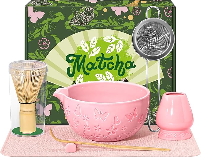 Matcha Whisk Set 7 PCS Matcha Bowl, Matcha Whisk and Holder, Bamboo Scoop and Scoop Rest, Stainless Sifter and Tea Towel Ceramic Matcha Set Japanese Matcha Kit for Matcha Lovers Pink