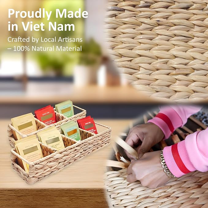 Triluxe Wicker Tea Bag Organizer, 3-Compartment Water Hyacinth Tea Holder for Countertop, Compact Tea Caddy & Sugar Packet Holder for Tea Station