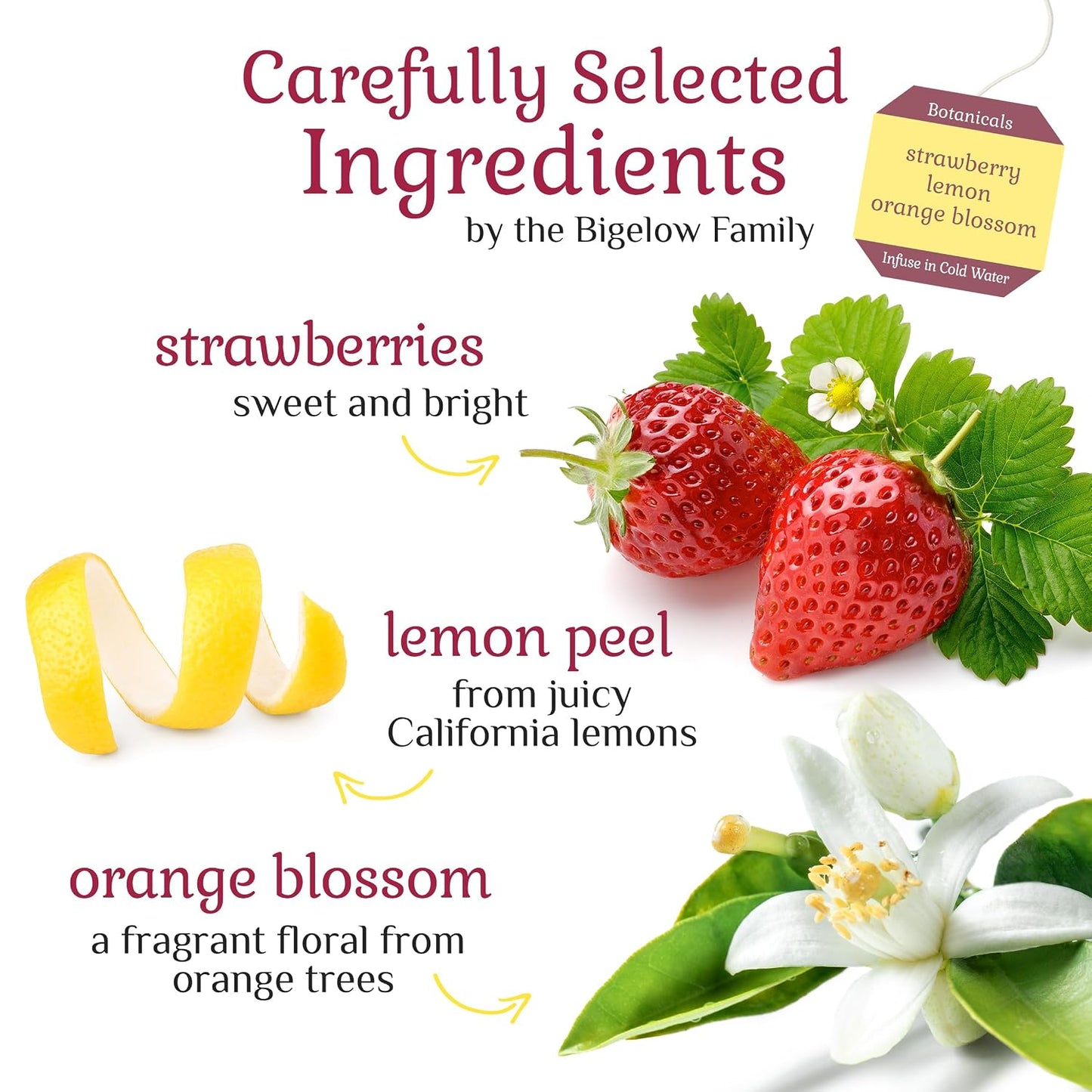 Bigelow Botanicals Strawberry Lemon Orange Blossom Infusion | Caffeine Free Tea with Strawberry, Lemon and Orange Flavor, 18 Count (Pack of 6), 108 Total Tea Bags