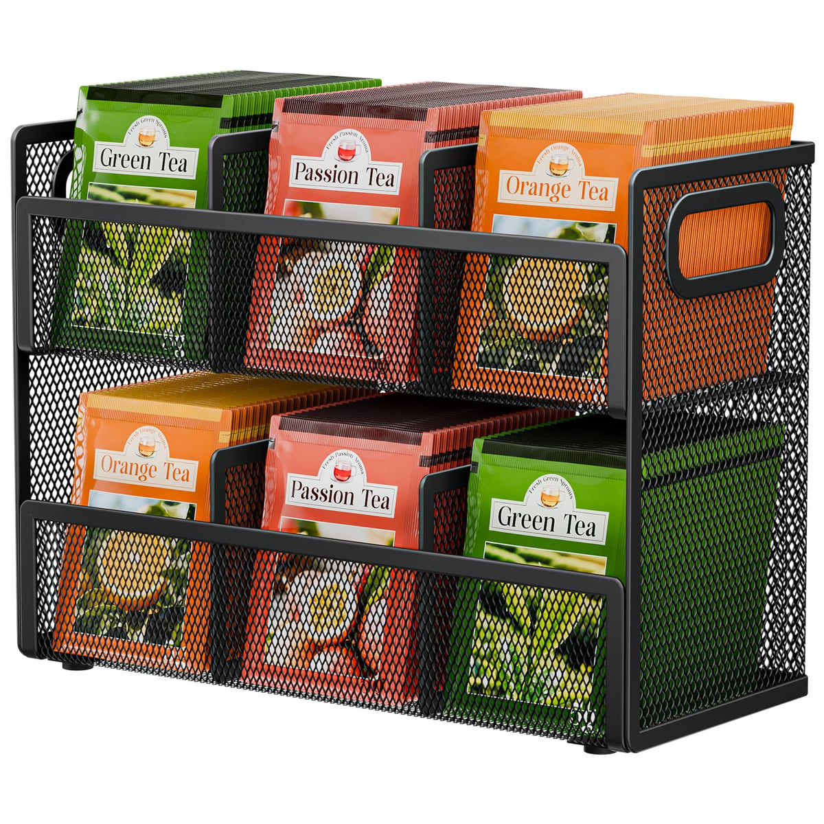 Volmop 2 Tier Tea Bag Organizer, Mesh Tea Bag Holder with Handle, Teabag Holder, Tea Station Organizer for Countertop