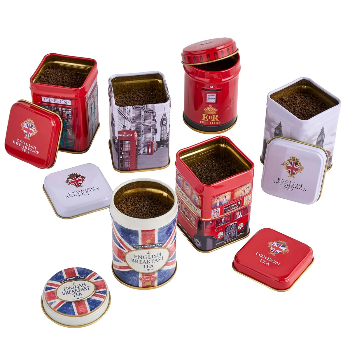 New English Teas British Icons 6x Tea Tin Gift Pack with 140g Loose English Tea - Union Jack