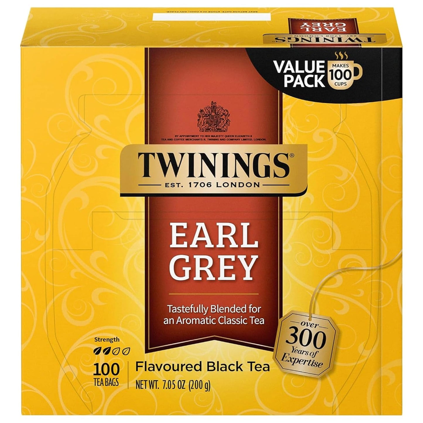 Twinings Earl Grey Black Bergamot Caffeinated Tea Bags, 100 CT Box (1 Pack) | Classic Tradition, Black Tea with Citrus, Naturally Caffeinated, 100 Foil Lined Individually Wrapped Bags, Enjoy Hot or Iced