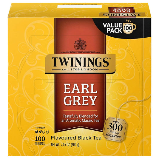 Twinings Earl Grey Black Bergamot Caffeinated Tea Bags, 100 CT Box (1 Pack) | Classic Tradition, Black Tea with Citrus, Naturally Caffeinated, 100 Foil Lined Individually Wrapped Bags, Enjoy Hot or Iced