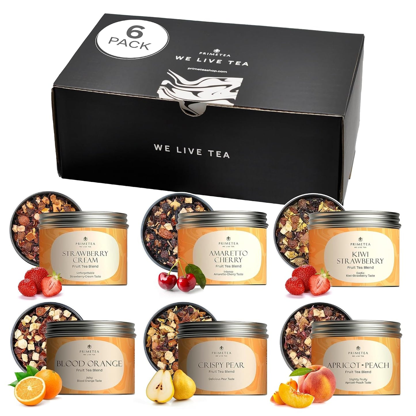 PRIME TEA - Fruit Tea Sampler Set - Assorted Variety Fruit Tea Box with Herbal, Fruit and Spices Loose Leaf Tea Blends, Flavorful Assortment - 6 Samplers - Favorites - Up to 150 Cups | 12 Ounce