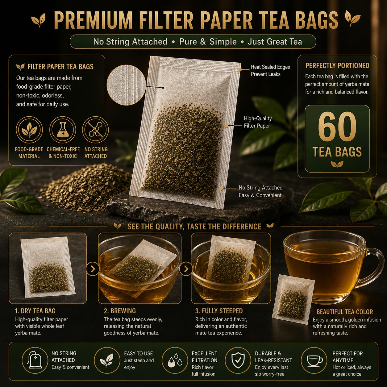 WOTIHA 60 Count Premium Unsmoked Yerba Mate Tea Bags - Sourced from Argentina, 100% Pure &amp; Natural Energy, Coffee Alternative, Additive-Free, Sugar-Free, Gluten-Free, Vegan, Non-GMO