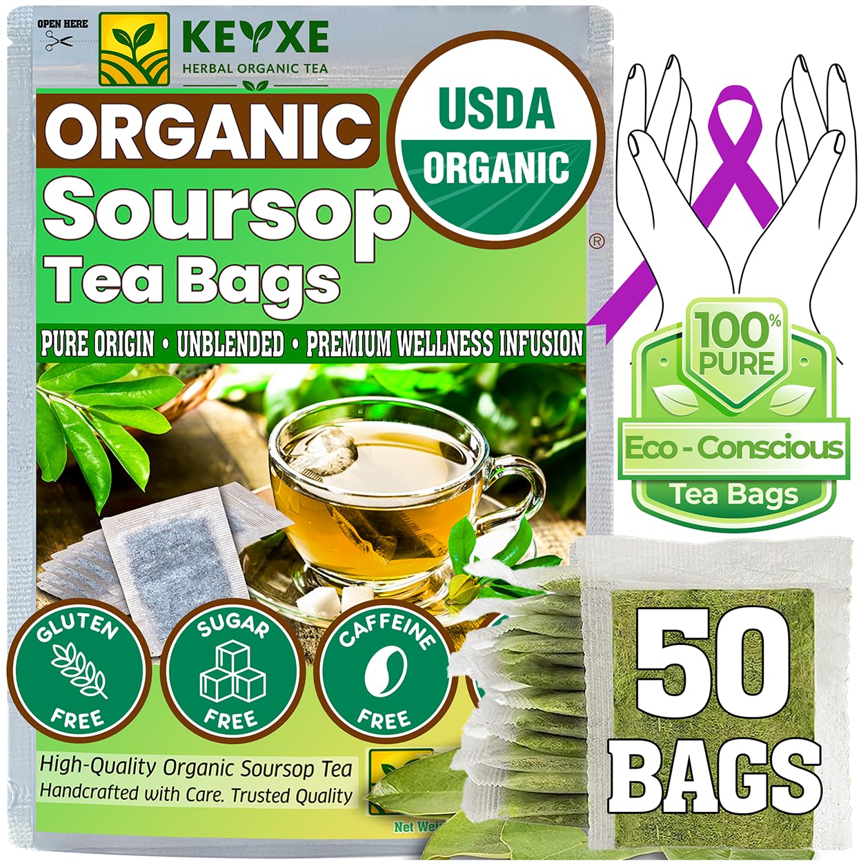 KEYXE - USDA Organic Soursop Graviola Leaves Tea 50 Bags. Non-GMO Verified , 100% Organic Soursop Leaves for Digestion, Boosting Immune, Improving Sleep &amp; Skin Health, Gluten Free, Caffein Free , Hojas De Guanabana Tea Organica, Eco-Conscious Tea Bags