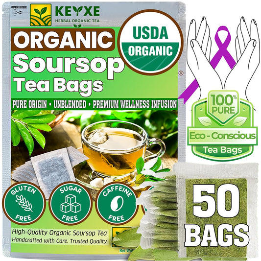 KEYXE - USDA Organic Soursop Graviola Leaves Tea 50 Bags. Non-GMO Verified , 100% Organic Soursop Leaves for Digestion, Boosting Immune, Improving Sleep &amp; Skin Health, Gluten Free, Caffein Free , Hojas De Guanabana Tea Organica, Eco-Conscious Tea Bags