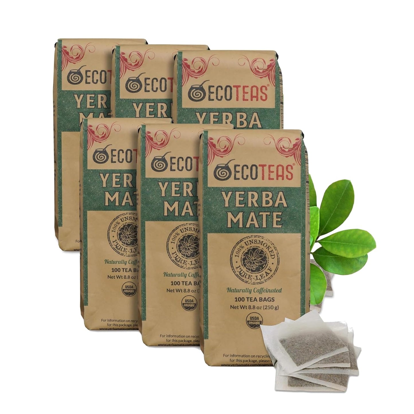 ECOTEAS Organic Yerba Mate Tea Bags Unsmoked 100 Count 8.8 oz Pack of 6 | Organic unsmoked 100 ct pack of 6 600 servings, USDA organic kosher non-GMO, low acid best value bulk 6-pack