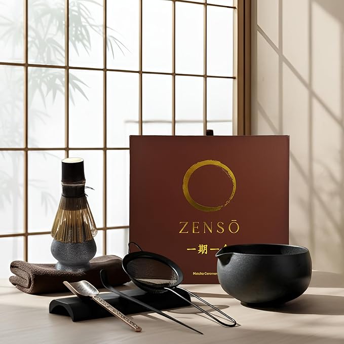 ZENSO Premium Matcha Whisk Set – 8 Piece Japanese Matcha Tea Ceremony Kit | Handmade Ceramics - Matcha Bowl, Purple Bamboo Whisk, Whisk Holder, Sifter, Scoop & Scoop Holder, Tea Cloth, Tea Spoon