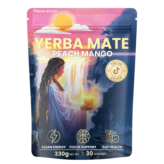 THEANECHO Yerba Mate Tea Powder, Peach Mango, Low Sugar, 30 Servings | Yerba mate tea powder with 2g sugar, lion's mane, L-theanine, prebiotic and probiotic blend