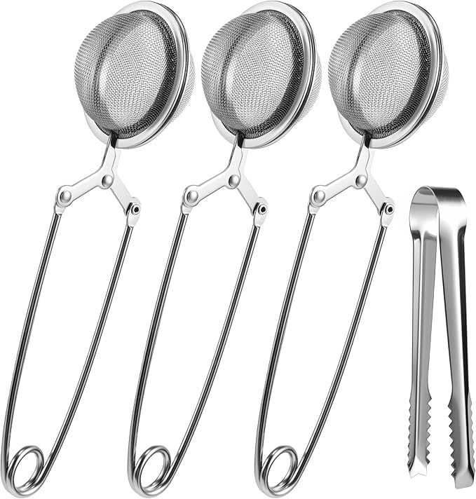Tea Infuser Set of 3 with Handle – 304 Stainless Steel Tea Ball Strainers for Loose Leaf Tea – Bonus Tea Scoop Clip – Fine Mesh, Rustproof