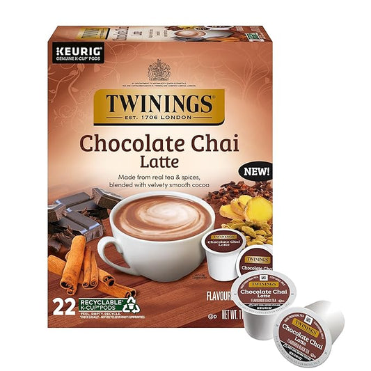 NEW Twinings Chocolate Chai Latte Tea K-Cup Pods for Keurig, 22 Count (Pack of 1), Velvety Smooth Cocoa with Real Spiced Tea, Caffeinated, Enjoy Hot or Iced