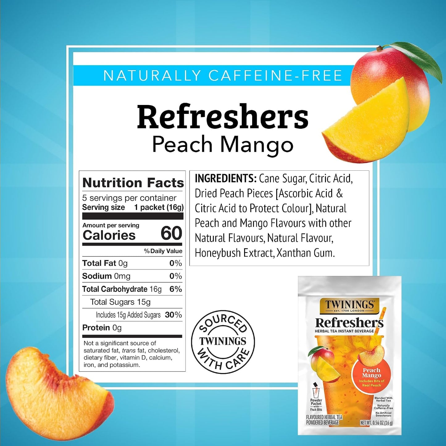 Twinings Peach Mango Refreshers, Herbal Tea Instant Beverage with Real Peach Fruit Bits, 5 Count (Pack of 6), Café Style, No Artificial Sweeteners, Naturally Caffeine-Free Refreshment, 30 Packets | Café Style, Instant Beverage with Real Peach Bits, No Art