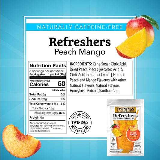 Twinings Peach Mango Refreshers, Herbal Tea Instant Beverage with Real Peach Fruit Bits, 5 Count (Pack of 6), Café Style, No Artificial Sweeteners, Naturally Caffeine-Free Refreshment, 30 Packets | Café Style, Instant Beverage with Real Peach Bits, No Art