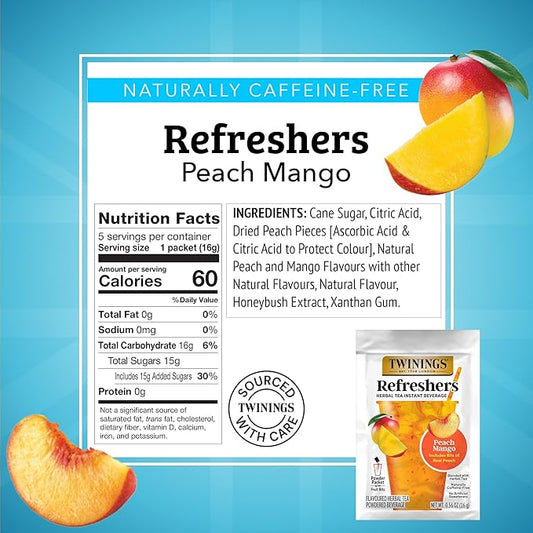 NEW Twinings Peach Mango Refreshers, Herbal Tea Instant Beverage with Real Peach Fruit Bits, 5 Count (Pack of 2), Café Style, No Artificial Sweeteners, Naturally Caffeine-Free Refreshment, 5 Packets