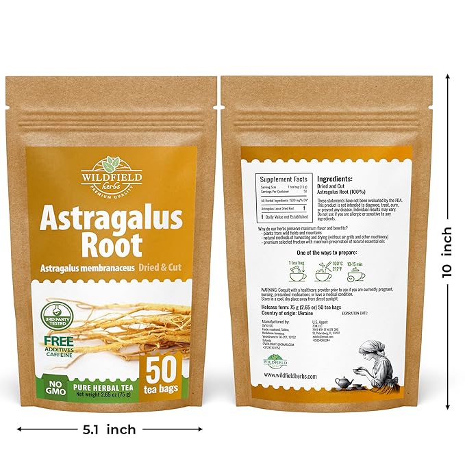 Wildfield Herbs 50 Bags Astragalus Root Herbal Tea – 50 Tea Bags 1.5g Astragalus Root Huang Qi