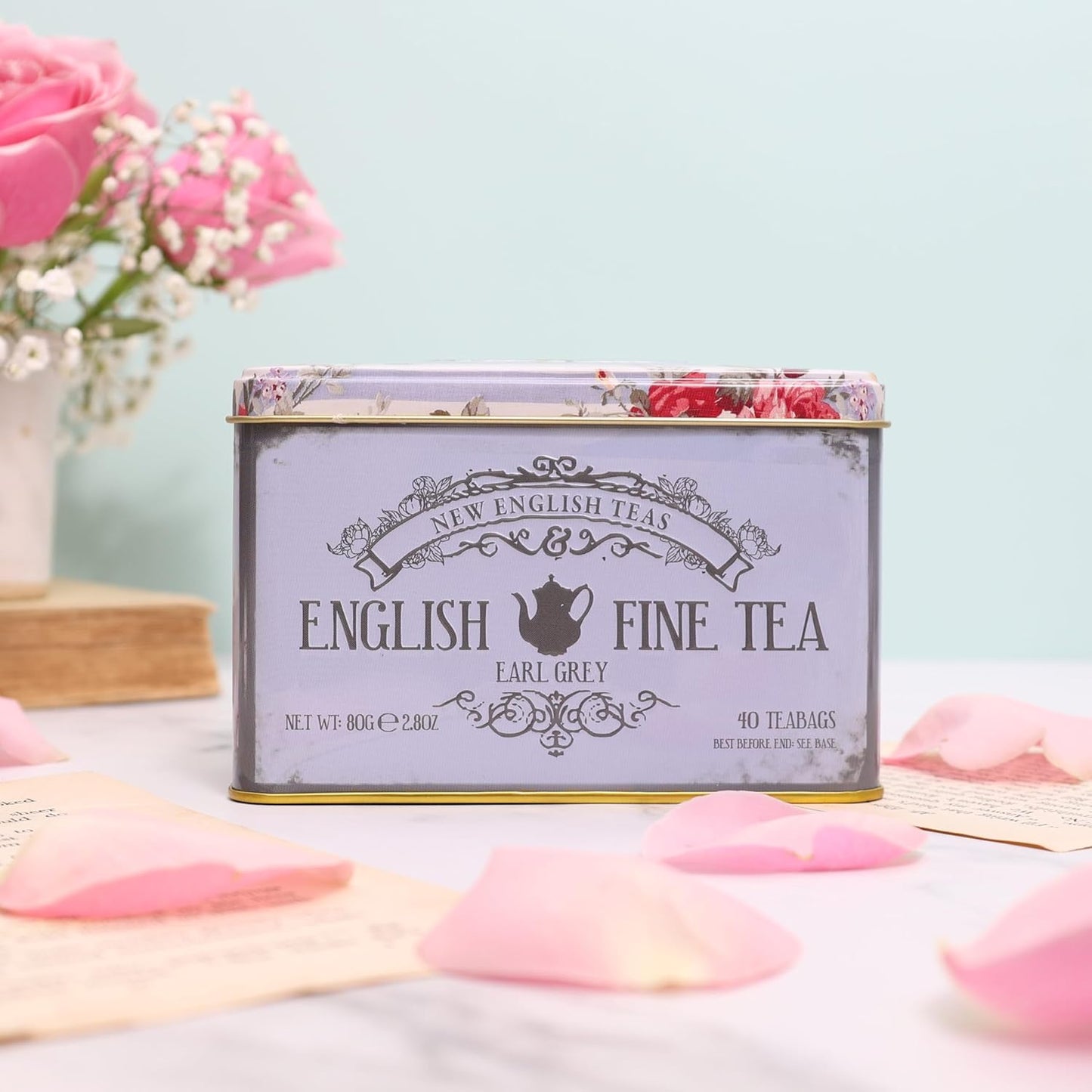 New English Teas Vintage Floral Tea Tin with 40 Earl Grey Teabags with Bergamot Flavouring
