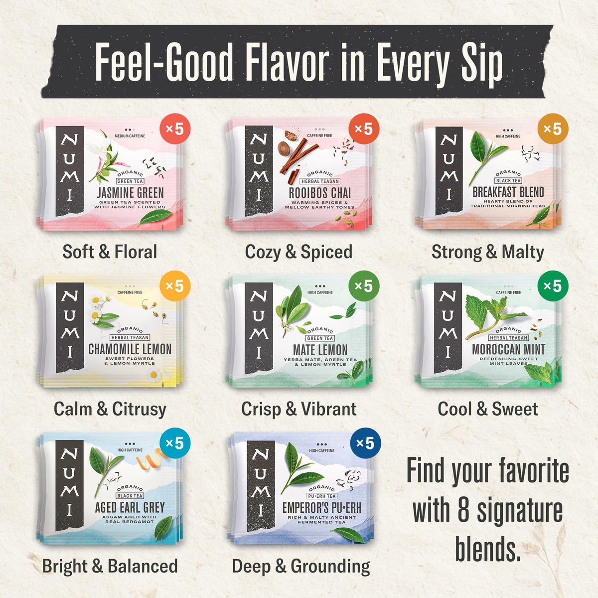 Numi Organic Tea By Mood Gift Set, 40 Tea Bag Assortment, Premium | Organic Black | Pu-erh | Green | Maté | Rooibos & Herbal