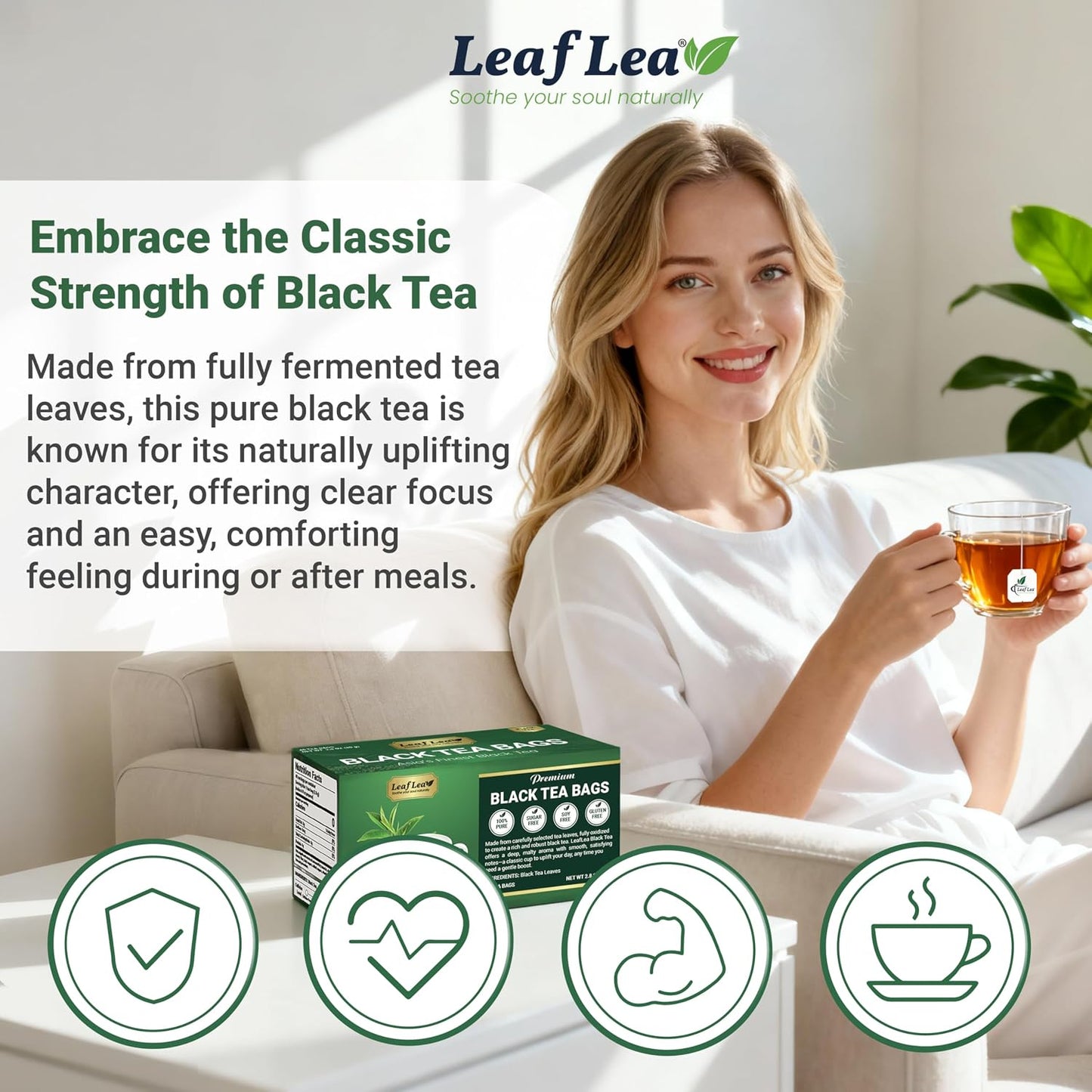 LeafLea Premium Black Tea Bags, Rich Robust Loose-Leaf Style Brew, 80 Count | Smooth Naturally Caffeinated Cup, Bright Malty Body, Hot or Iced; Sugar-Free, Vegan; Foil-Sealed Freshness