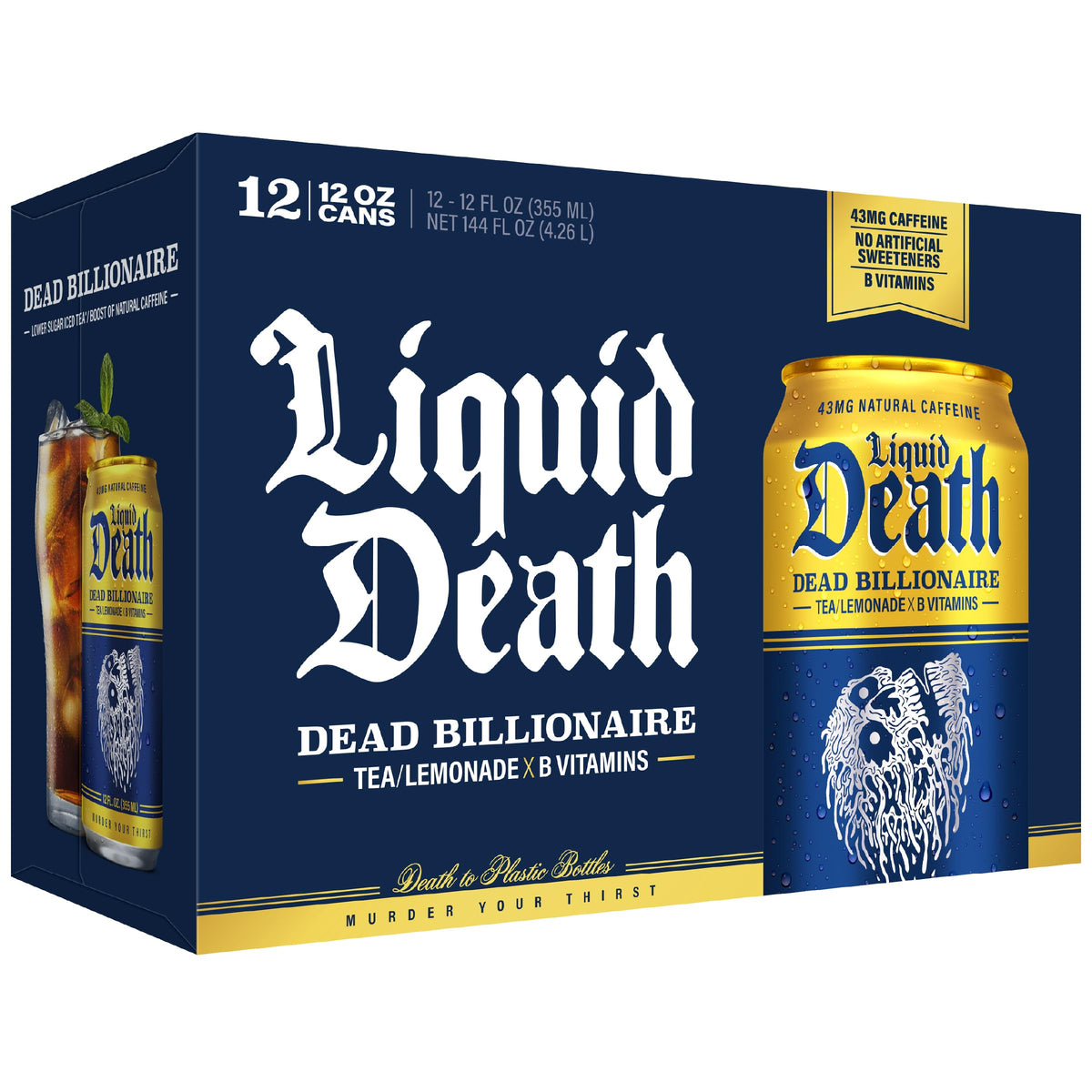 Liquid Death Iced Tea - Dead Billionaire (Black Tea/Lemonade), Less Sugar*, Boost of Caffeine, B Vitamins, No Artificial