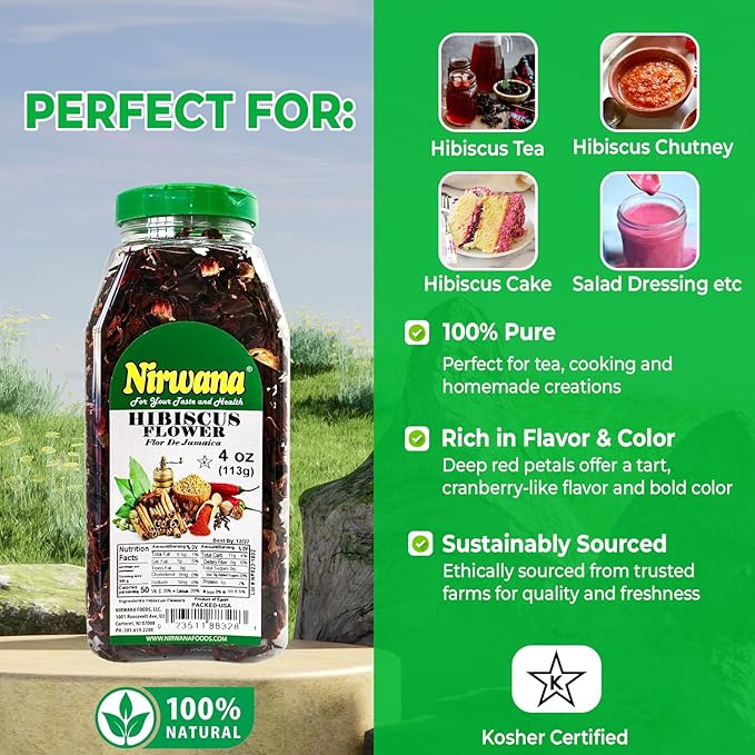 Premium Dried Hibiscus Flowers – Whole Flower Petals for Herbal Infusions, Loose Leaf Blends, and Culinary Use – Great with Dandelion Root, Raspberry Leaf, and More 4 oz Jar