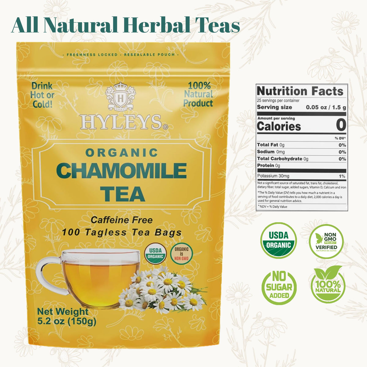 Hyleys Chamomile Tea Organic, Caffeine Free Herbal Tea, 100 Tea Bags
