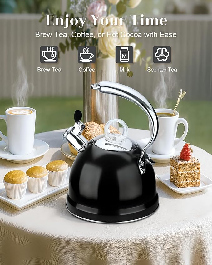 Harriet Tea Kettle Stovetop, 2.5 QT Whistling Stainless Steel Teapot, 3-Layer Base, Unique Ergonomic Handle, Includes Pot Holder & Mat