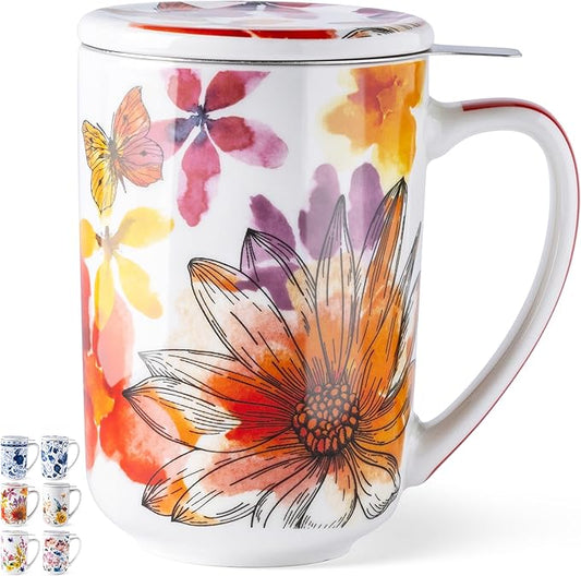 Gbhome Tea Mug with Infuser and Lid, 18 Ounce Large Ceramic Loose Leaf Cup, Microwave, Dishwasher Safe, Perfect For Tea Lovers