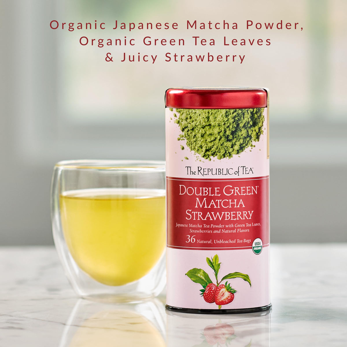 The Republic of Tea Organic Double Green Matcha Strawberry Green Tea, 36 Ct