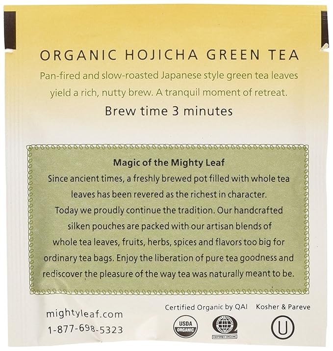 Mighty Leaf Organic Hojicha Green Tea – 100 Count Foil-Wrapped Silken Tea Pouches – Premium Roasted Japanese Green Tea with Smooth, Toasty Flavor