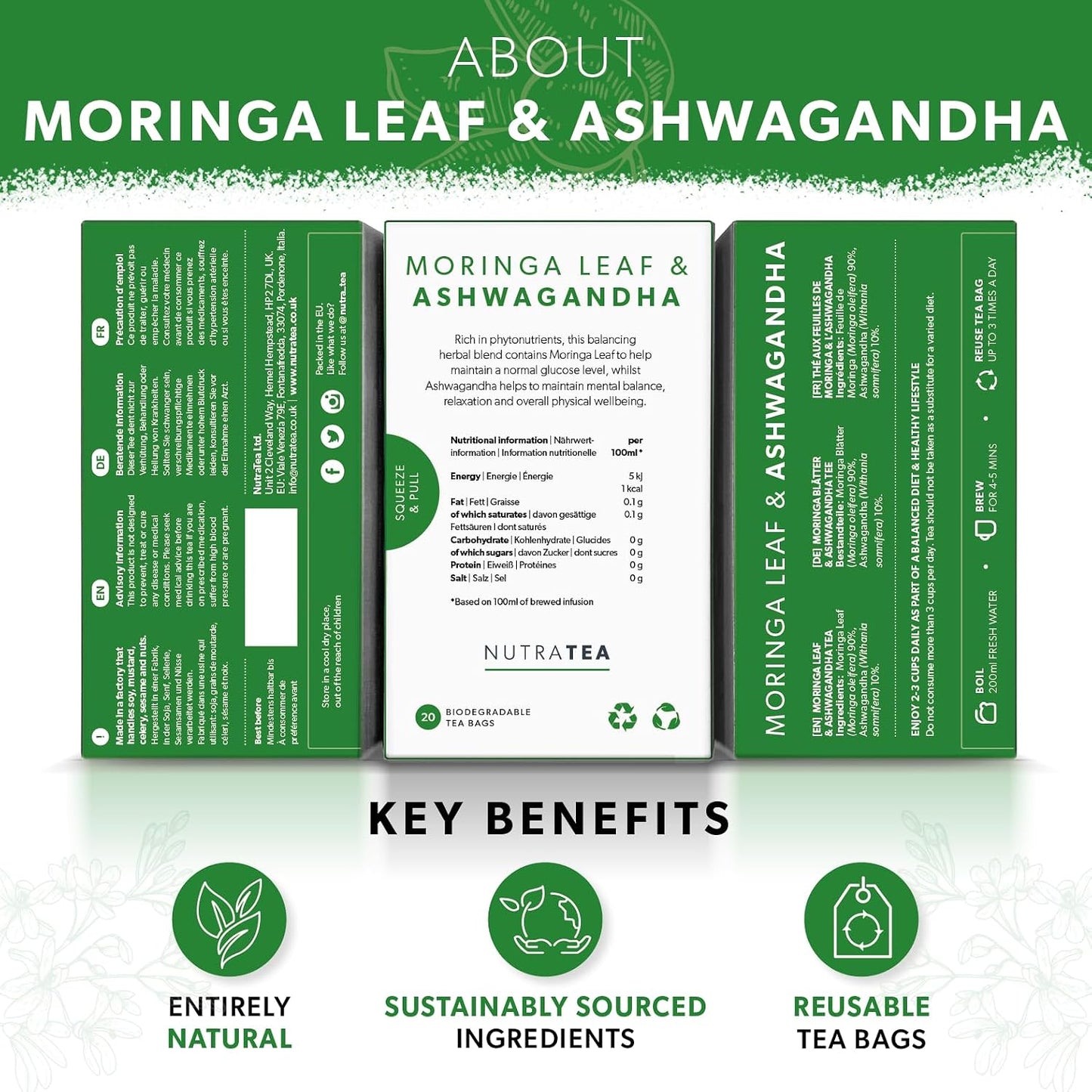 Nutra Tea - Moringa Leaf &amp; Ashwagandha – Moringa Tea Bags, Ashwagandha Tea Bags - For Mood Support and Stress Relief - 40 Individually Wrapped Bags - Herbal Infusion (2 Pack)