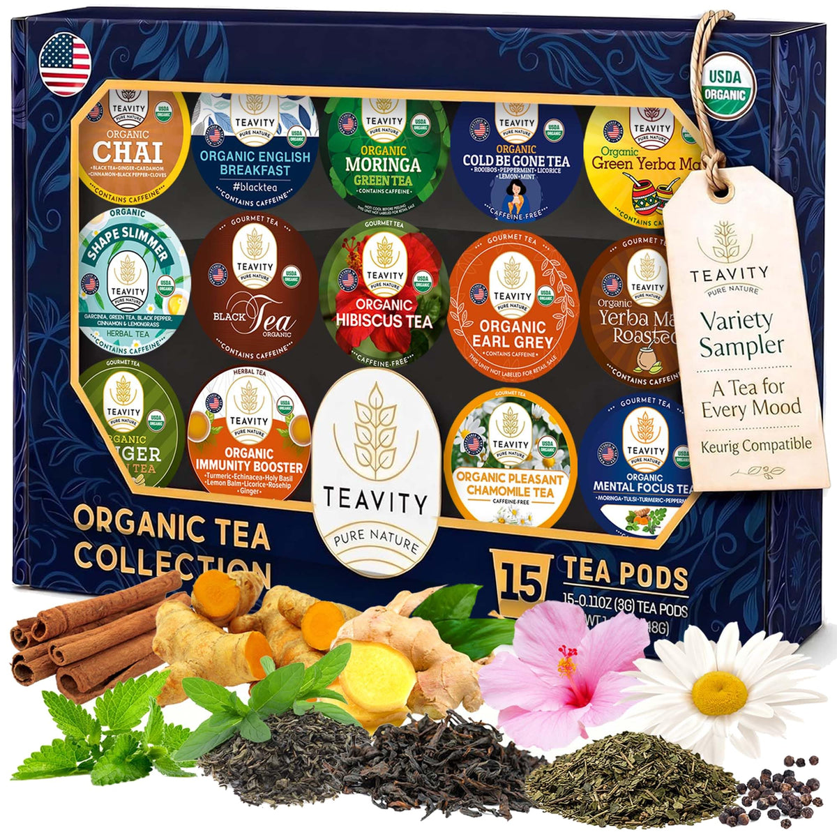 Teavity Organic Tea Pods Variety Pack, 15 Flavors, K-Cup Compatible