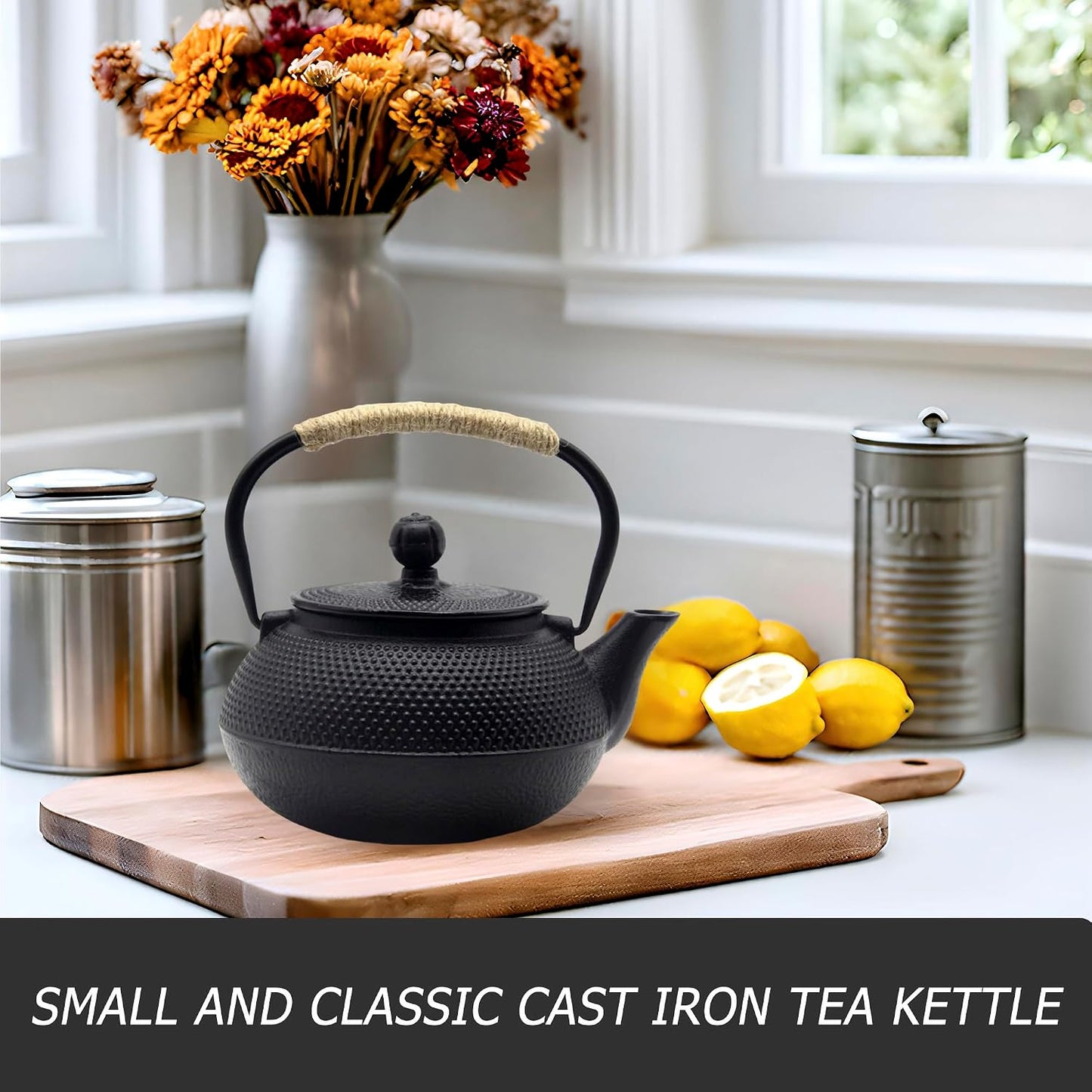 20.3oz Small Cast Iron Teapot Set with Warmer, Japanese Black Tea Kettle for Stovetop Safe, Teapot and Cups Set, Tea Pot with Stainless Steel Infuser for Loose Tea(600ml)