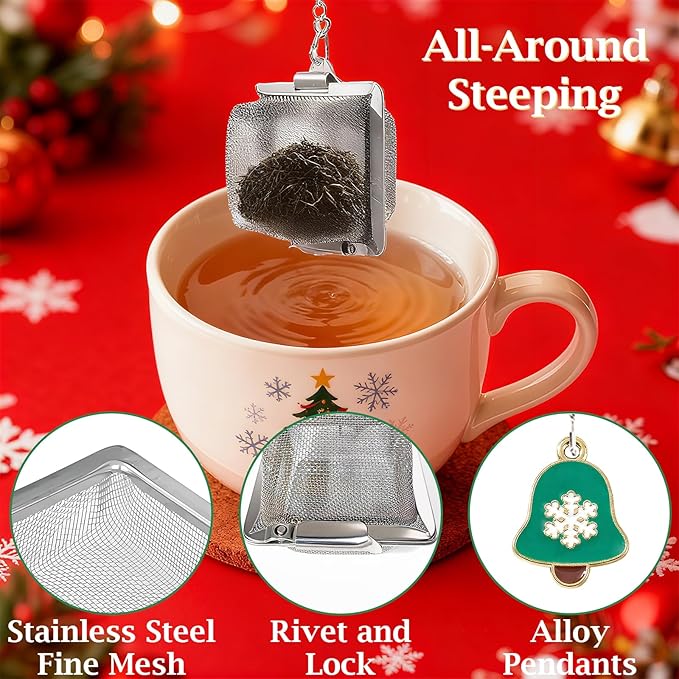 Christmas Themed Tea Infuser Set, 2 PCS Cubic Tea Strainers for Loose Leaf Tea, Reusable Stainless Steel Mesh Tea Ball, Tea Steeper with Red Hat and Green Bell Pendant