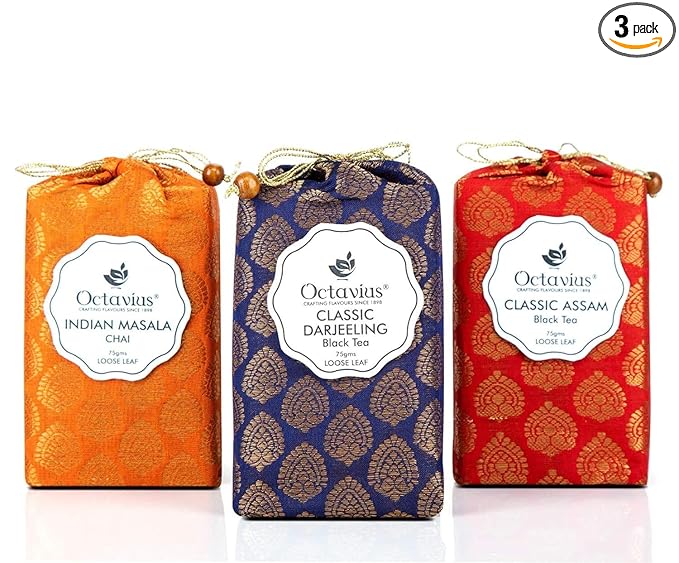 Octavius Indian Tea Collection in Handcrafted Pouches - 225 Gm | Assorted 3 Black Loose Leaf Teas | Indian Masala, Darjeeling, Assam | Premium Gift Box | 3 X 75 Each (2.64oz)