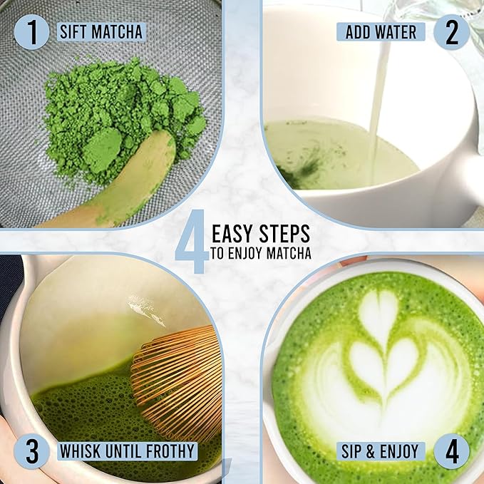 HAPPY PATH & CO Matcha Whisk Set – 6 Pcs Matcha Tea Set Includes Bamboo Whisk(Chasen) & Holder,Bowl with Spout,Sifter,Scoop & Stand | Matcha Making Kit - Perfect for Matcha Lovers(Sky Bear)