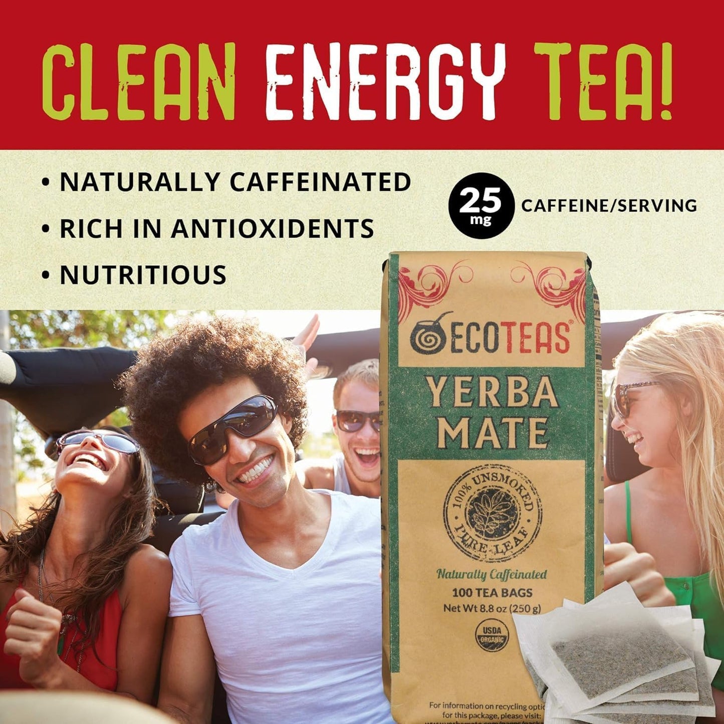 ECOTEAS Organic Yerba Mate Tea Bags Unsmoked 100 Count 8.8 oz Pack of 2 | Organic unsmoked 100 ct pack of 2 200 servings, USDA organic kosher non-GMO, low acid naturally caffeinated