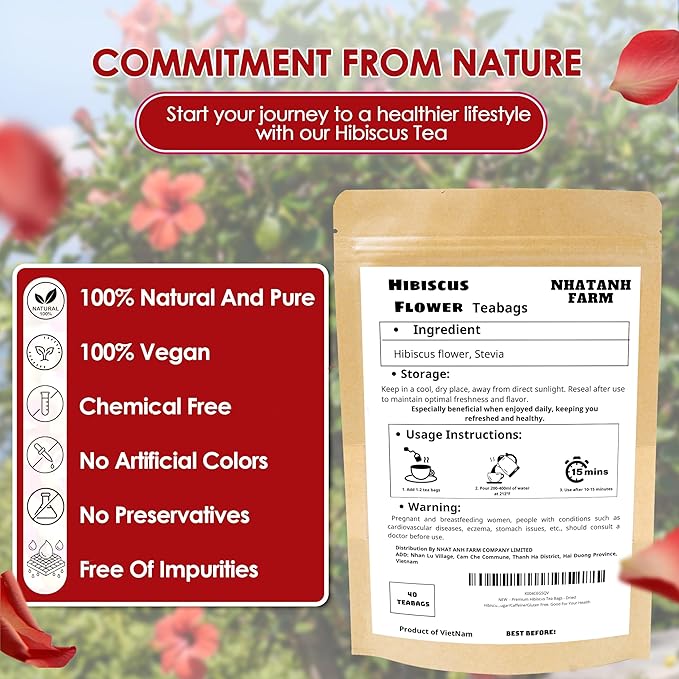 Premium Hibiscus Tea Bags - Dried Hibiscus Flower Tea Bags - 40 Teabags, 2.5g/bag), 100% Natural & Pure Hibiscus Flowers, Sugar/Caffeine/Gluten Free
