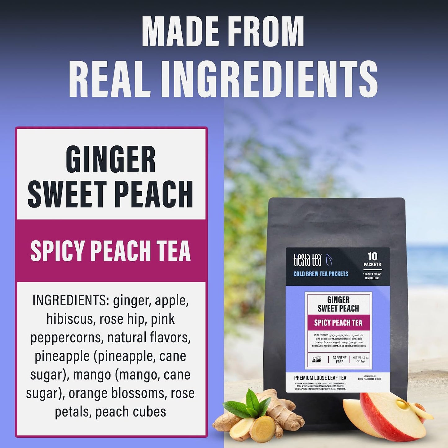 Tiesta Tea - Ginger Sweet Peach Cold Brew Tea, Loose Leaf | Spicy Peach Herbal Blend, Premium Non-Caffeinated Iced Blend, Cold Brew Packets, Makes 64 oz of Pitcher Per Bag (Pack of 10)
