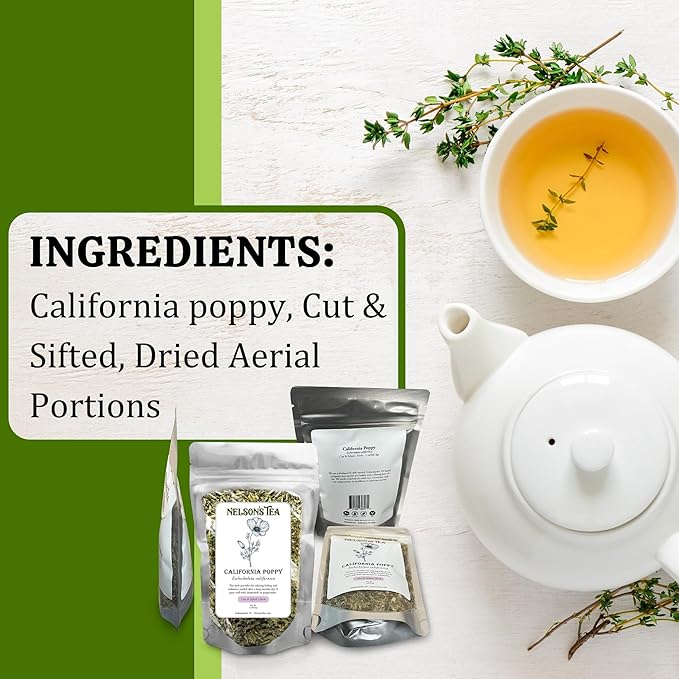 Nelson's Tea - California Poppy Cut & Sifted, Caffeine-Free Loose Leaf Tea Blend, Light Floral, Golden Poppy Flavor for Gentle Peace & Comfort, Mild Herbal Infusion Pairs Well with Mild Herbs - 2oz