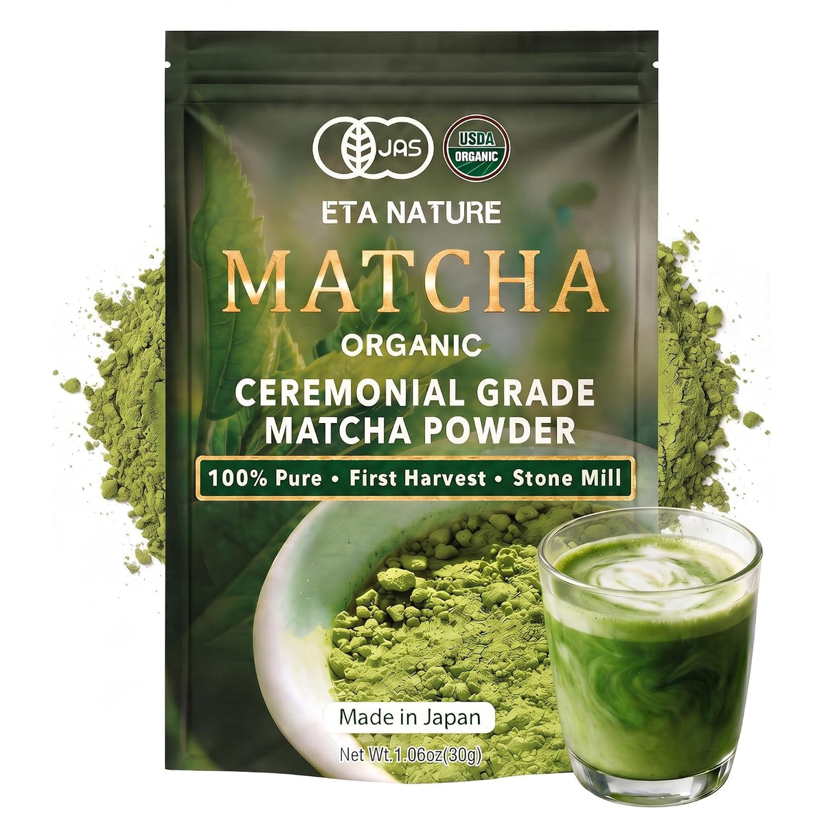 ETANATURE Organic Matcha Powder Ceremonial Grade - Premium Japanese Matcha Green Tea Powder - USDA &amp; JAS Certified, First Harvest from Kagoshima Japan - Tea Drinks, Matcha Latte - 30 Servings (30g)