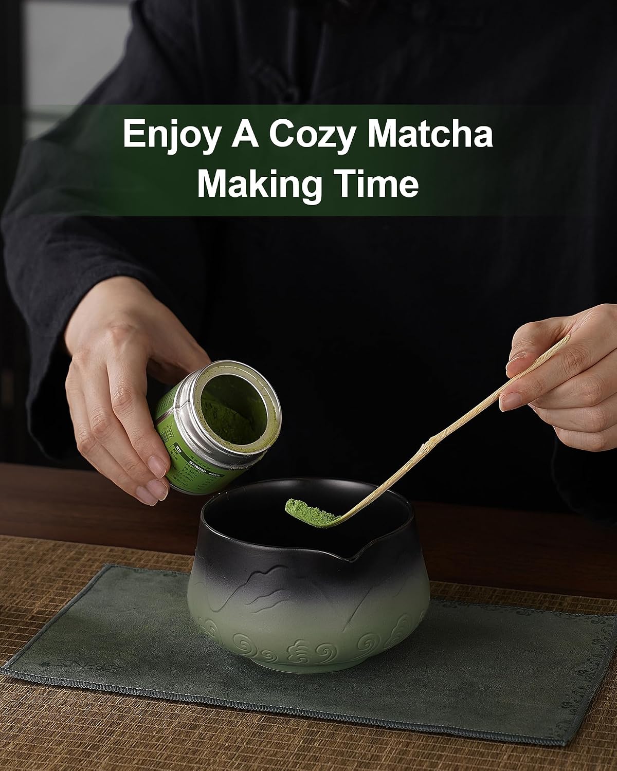 ZENS Premium Matcha Whisk Set, 5pcs Matcha Kit with Matcha Tools, Green | Matcha Kit Icludes Matte Ceramic Bowl, Bamboo Whisk, Chasen Holder, Scoop, 304 Sifter and Tea Mat, Matcha Lovers Gifts
