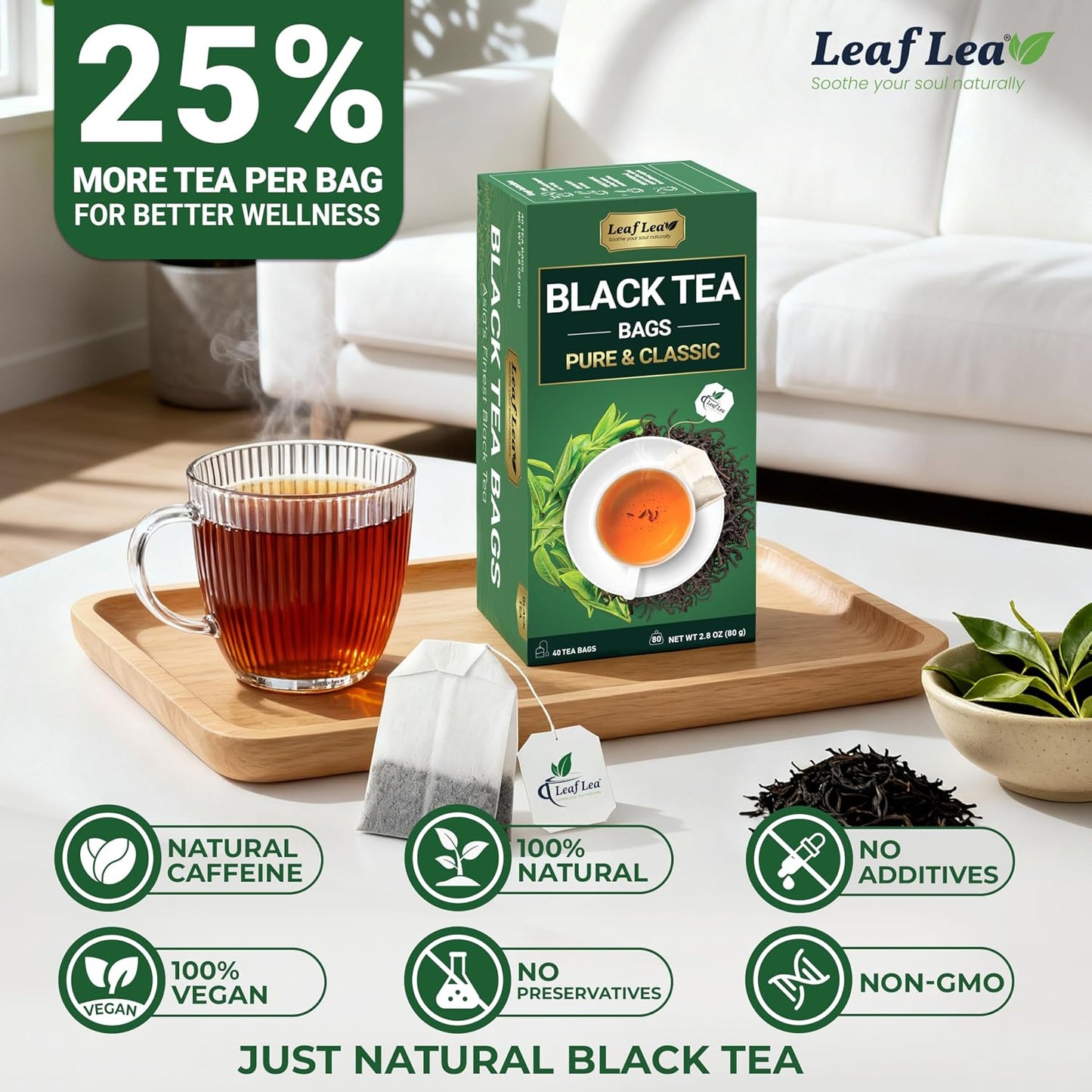LeafLea Black Tea Bags, Strong Full-Bodied Black Tea Leaves, 40 Count | Bold, Naturally Caffeinated Morning Brew with Smooth Malty Finish; Sugar-Free, Vegan; Individually Foil-Wrapped
