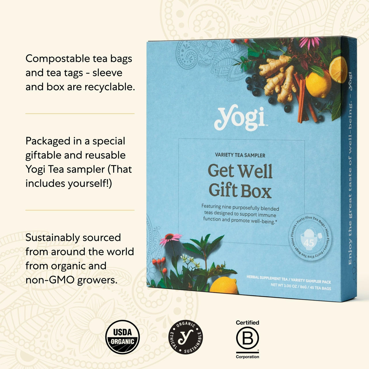 Yogi Get Well Gift Box, 45 Tea Bags (5 Bags per Flavor)