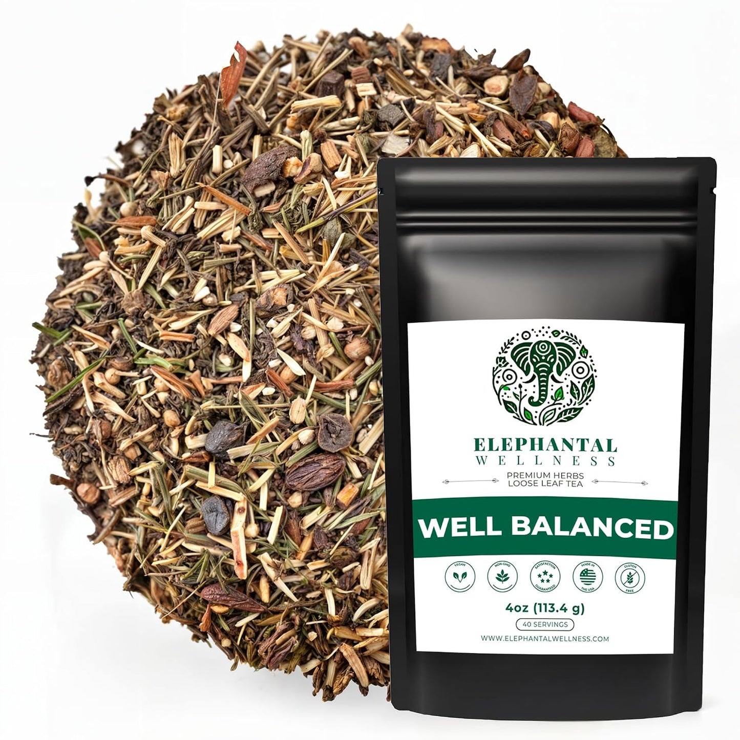 Elephantal Wellness Premium Well Balanced Herbal Tea | Healthy Cortisol, Adaptogenic Stress Energy Support with Ashwagandha, Goji, Reishi, Holy Basil &amp; Lion’s Mane, Caffeine-Free, Non-GMO, 4 oz