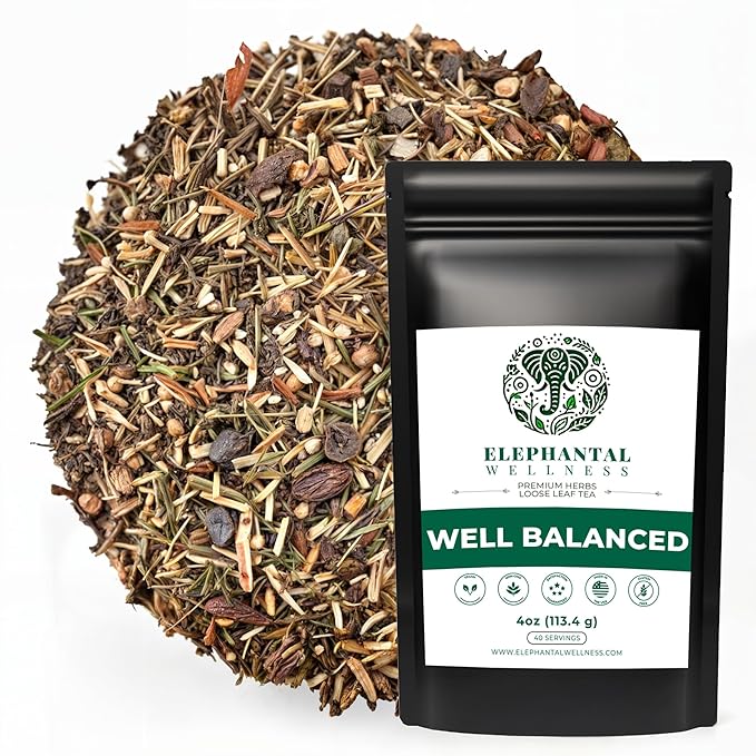 Elephantal Wellness Premium Well Balanced Herbal Tea, Healthy Cortisol, Adaptogenic Stress Energy Support with Ashwagandha, Goji, Reishi